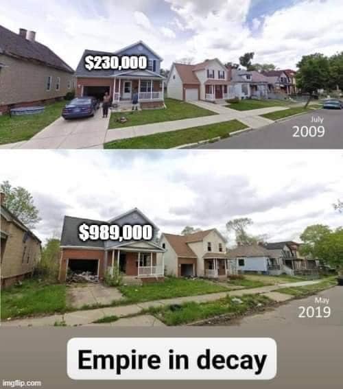The meme is a before-and-after comparison of two photos of a house. The top photo shows a house with a well-manicured lawn and a tidy exterior, with a caption "In 2008". The bottom photo shows the same house, but it's now overgrown with weeds, has broken windows, and a "For Sale by Owner" sign is in the front yard, with a caption "In 2023". The meme is captioned "Inflation".